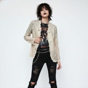 Vintage Nicole Paris Tan Lace Jeweled Crochet Jacket Coquette Romantic L